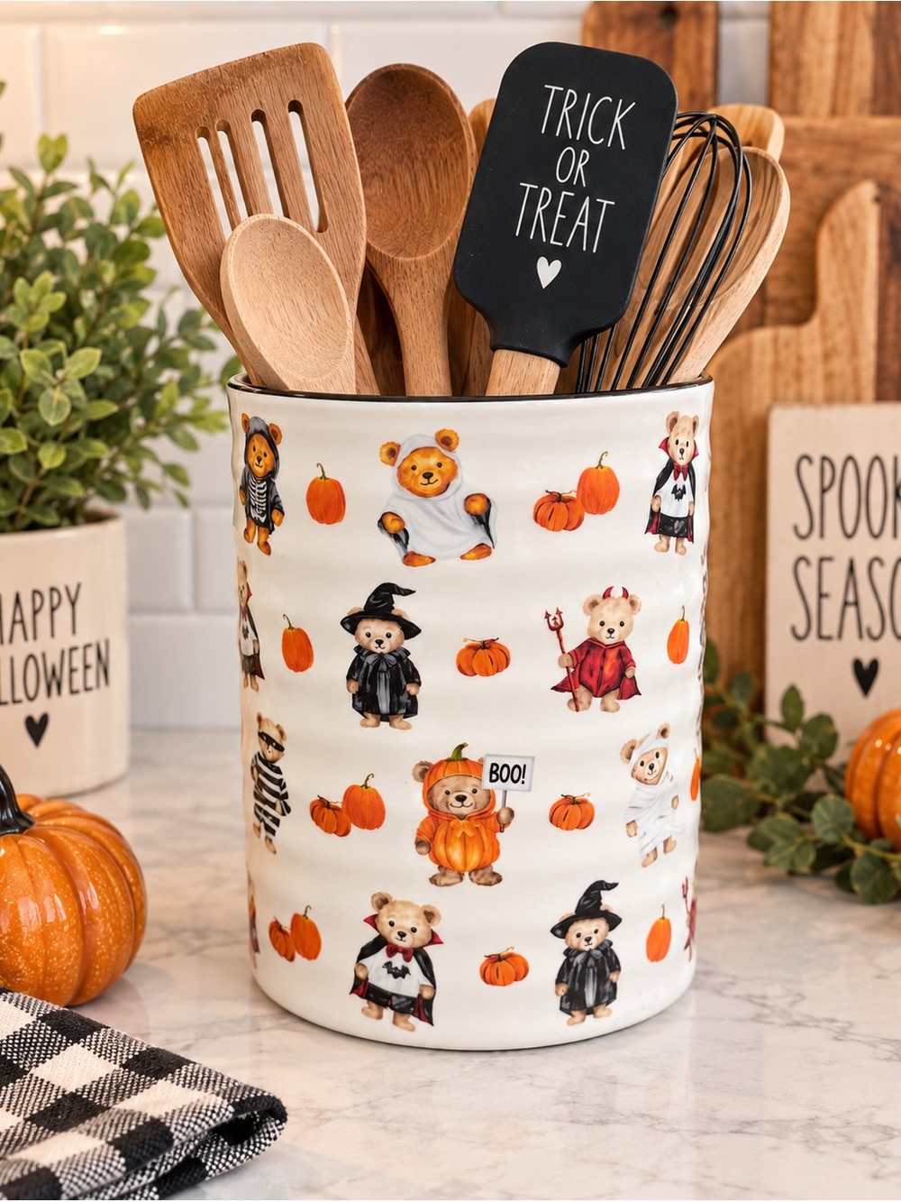 New Cute Halloween Teddy Bear & Pumpkin Ceramic Kitchen Utensil Crock